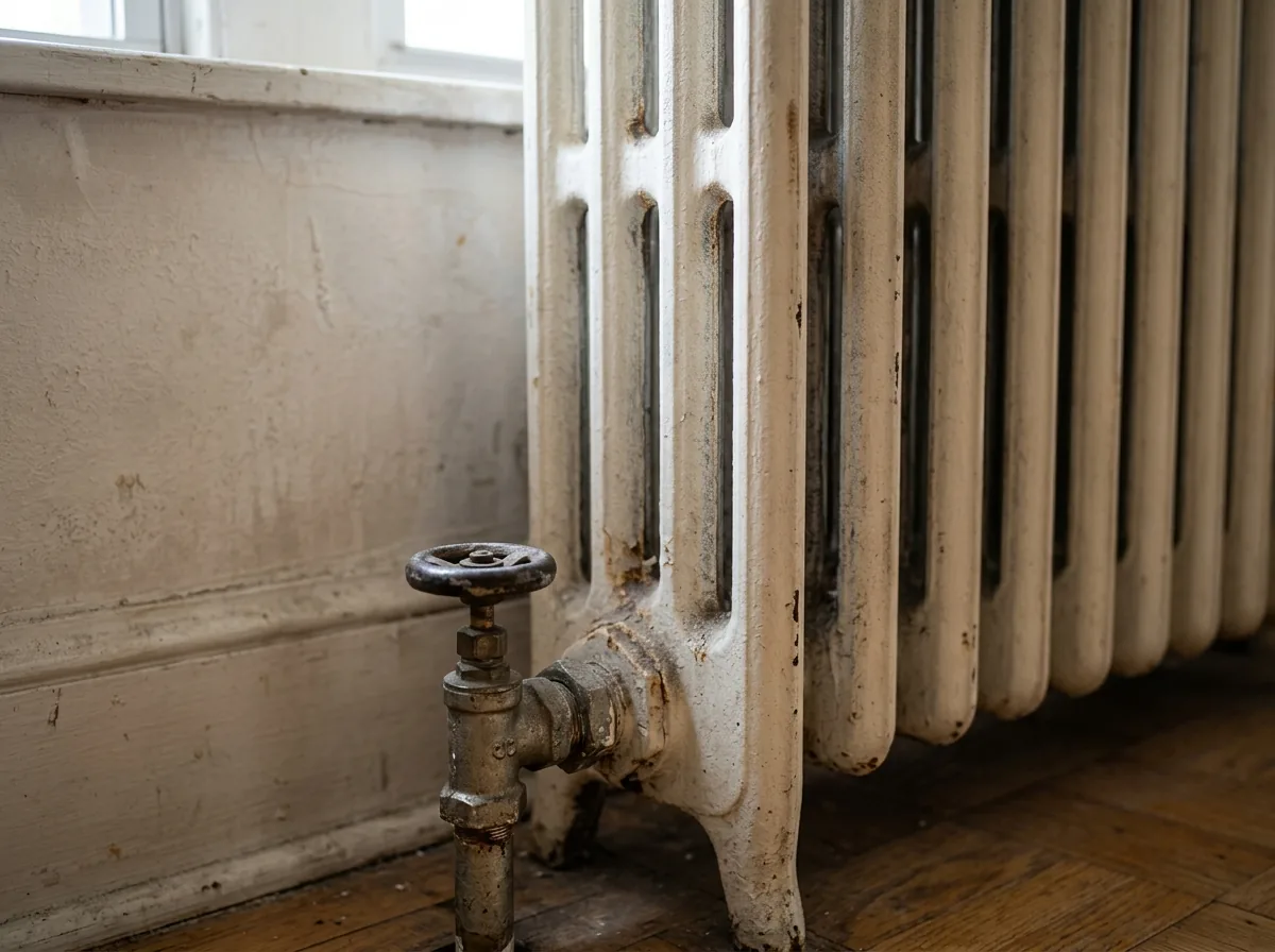 Close-up of a radiator showing the control valve and metal fins.