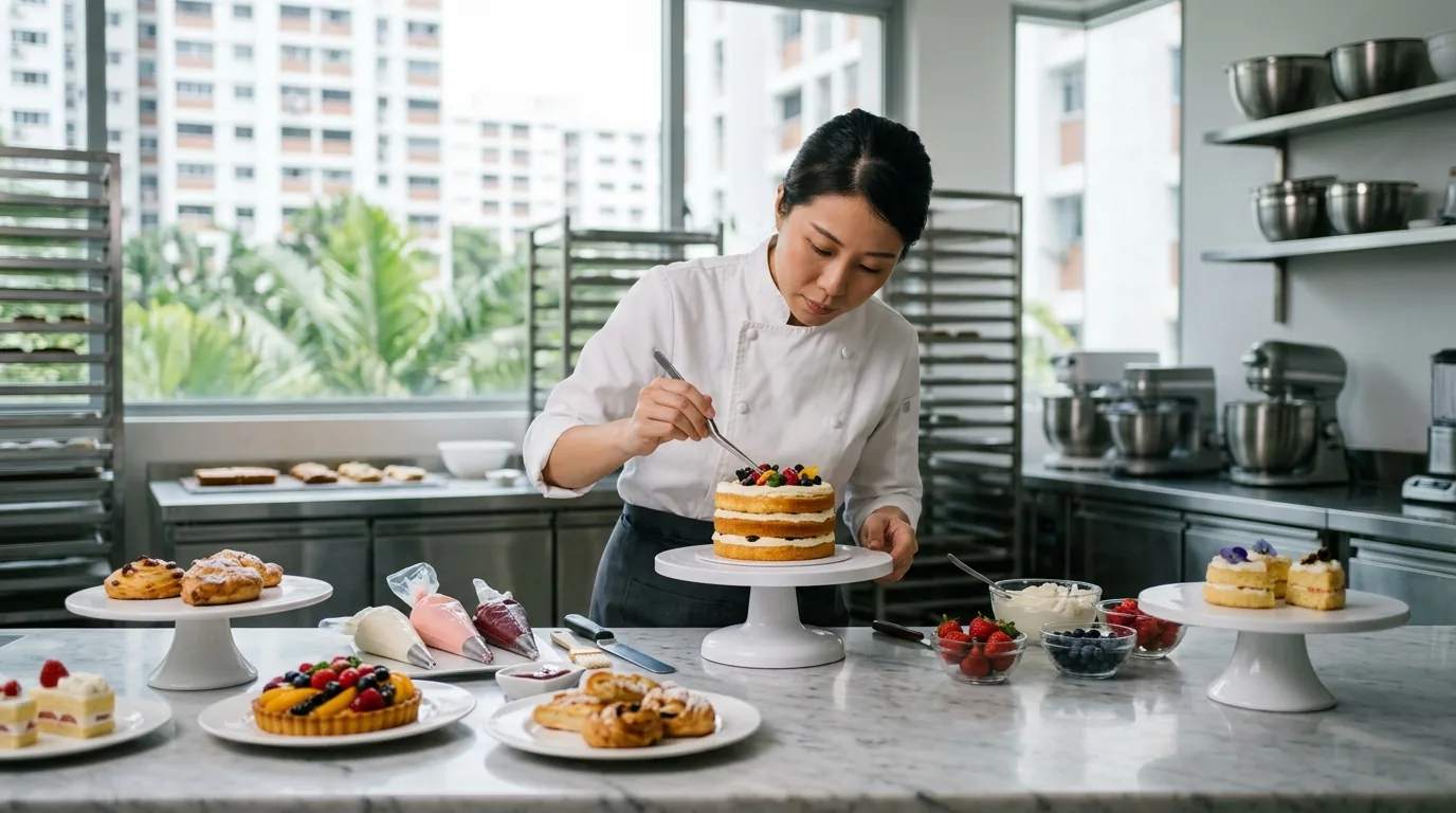 Pastry chef decorating and plating various cakes and pastries in a bright kitchen.