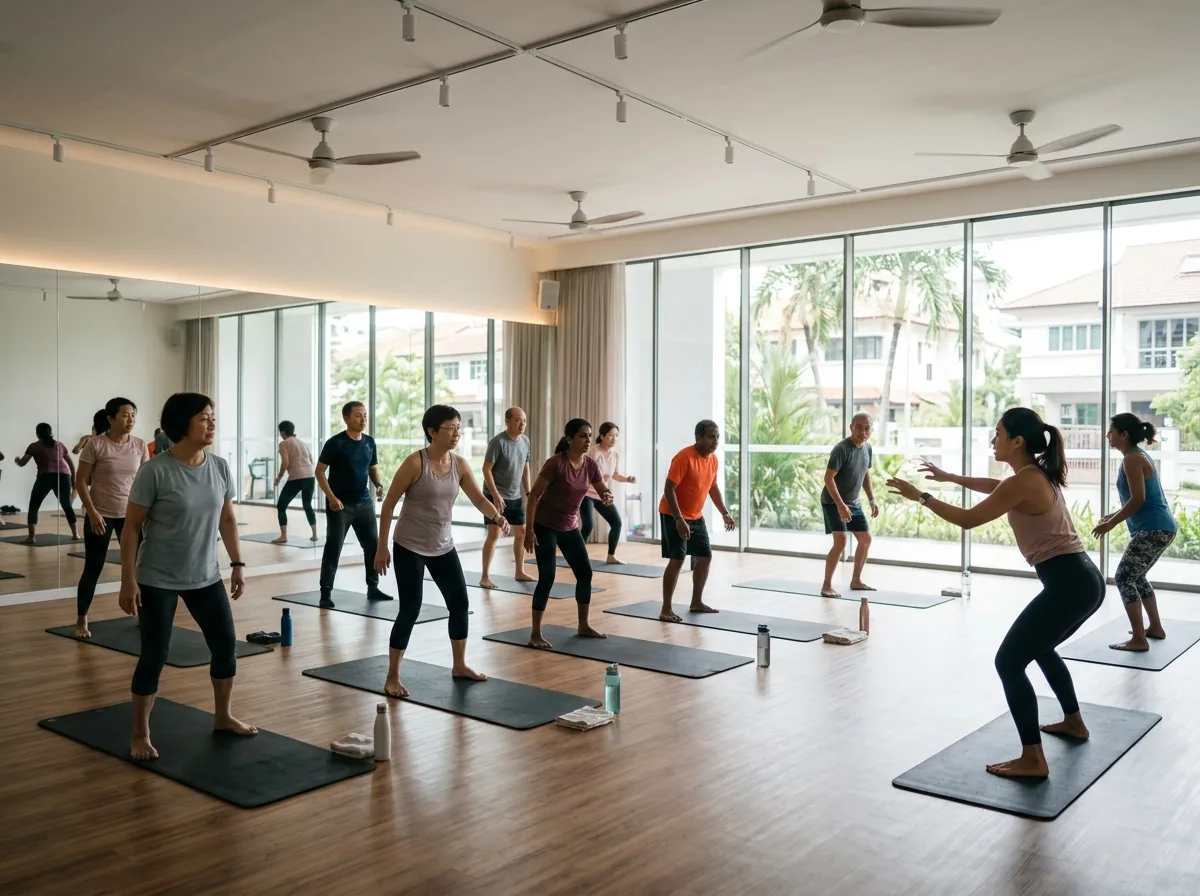 Group fitness class with instructor leading multiple participants in a studio