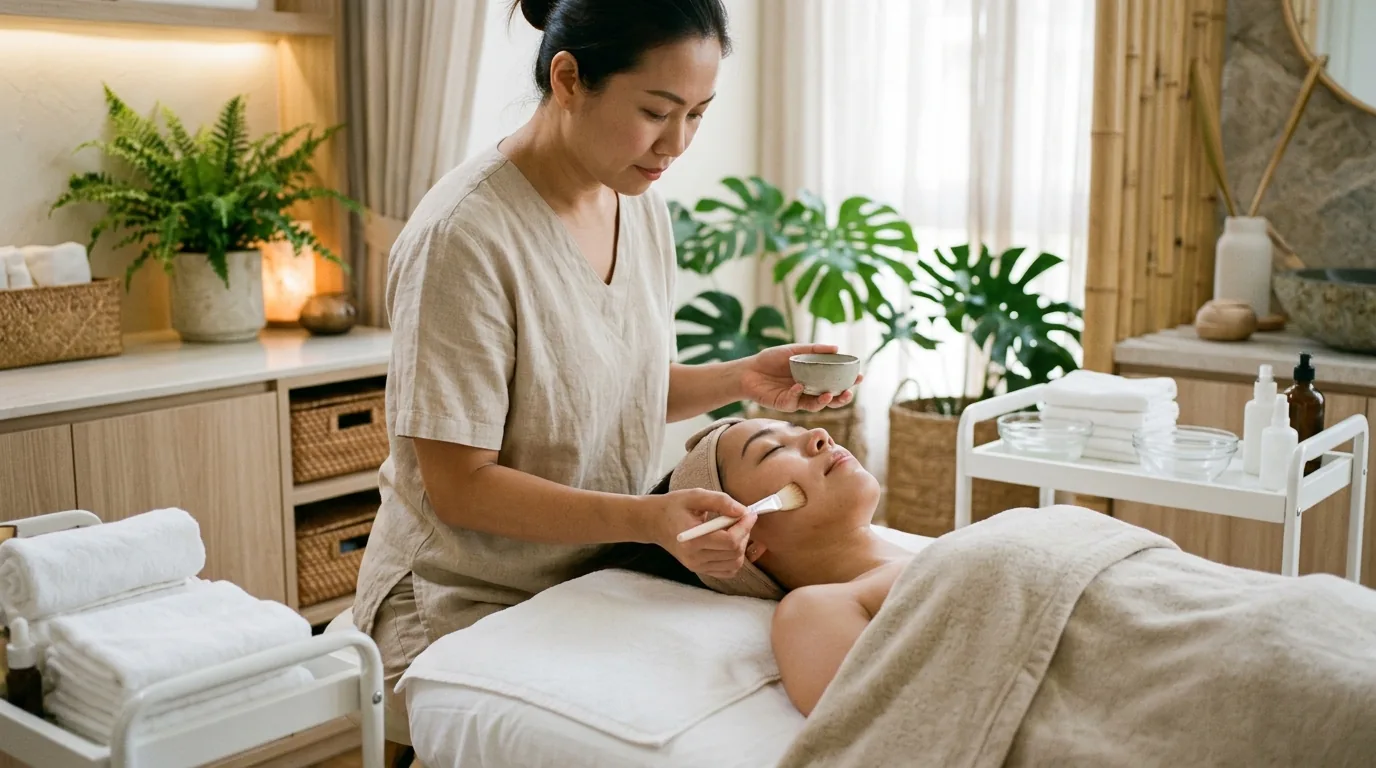 Woman receiving a facial treatment at a spa with a therapist applying skincare product