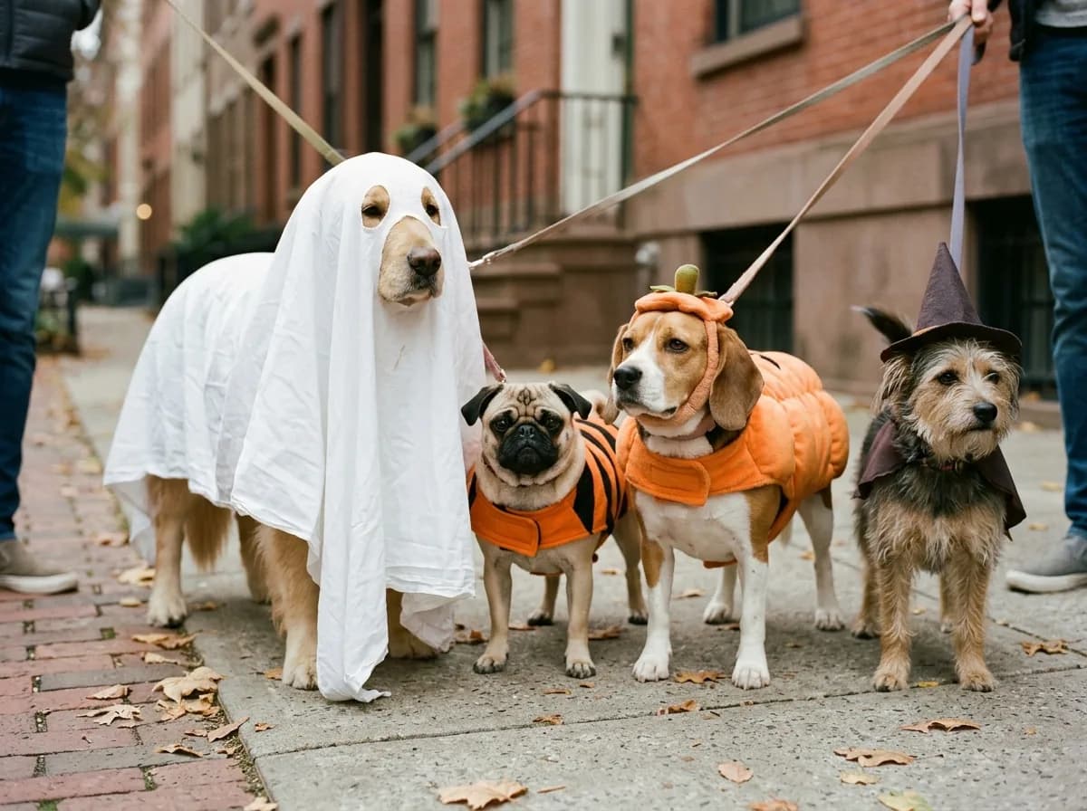 Three dogs in homemade Halloween costumes including ghost, candy, and pumpkin outfits.
