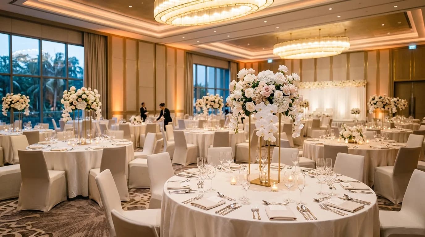 Elegant wedding reception hall with decorated tables and floral arrangements