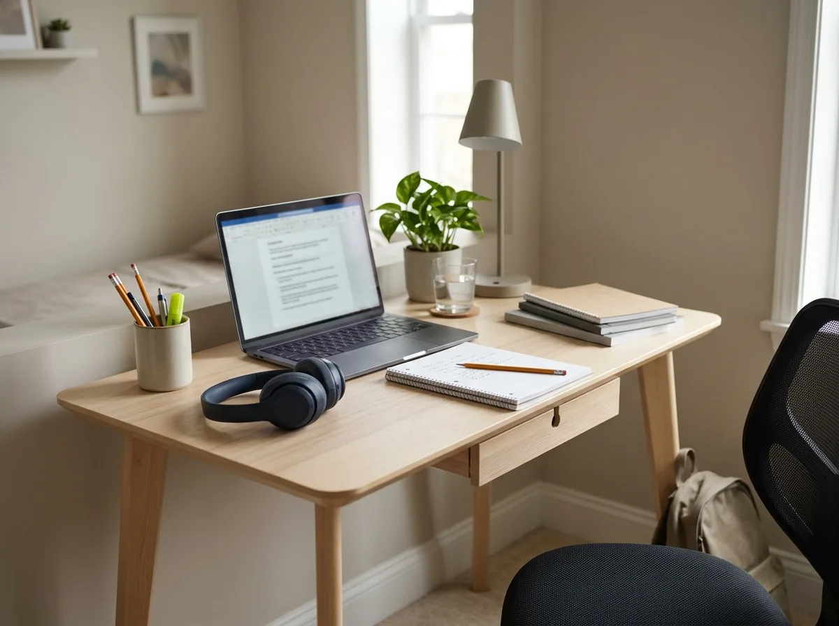 Organized home workspace with laptop, headphones, and school supplies on a small desk.