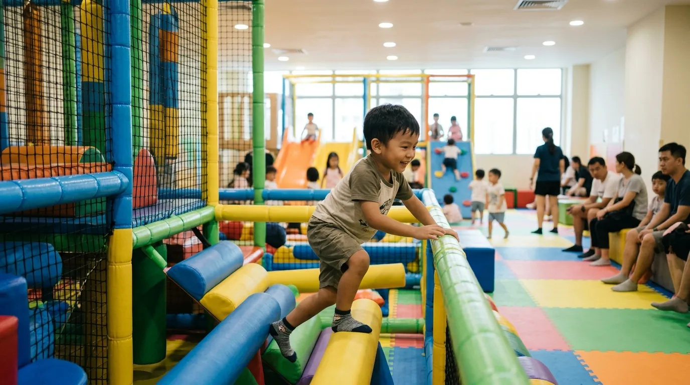 Child climbing through colorful foam play structures in an indoor playground.