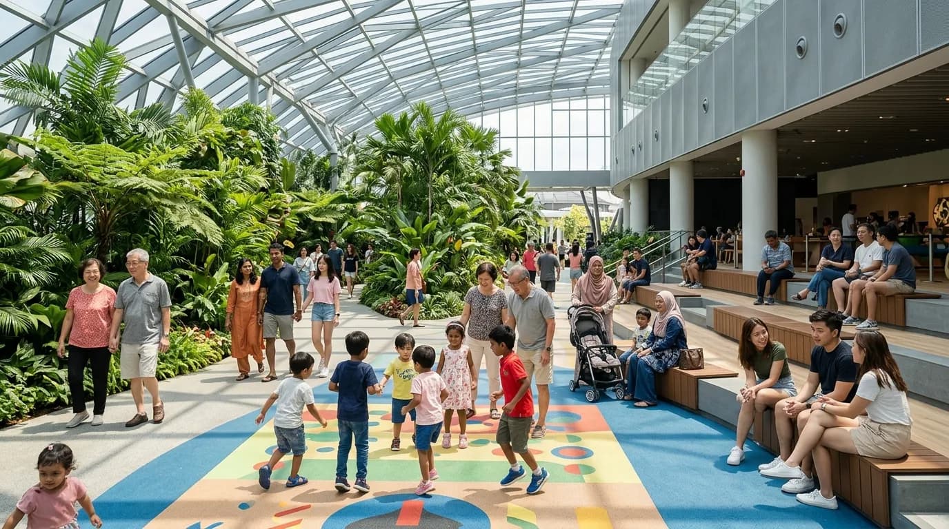 People of different ages enjoying weekend activities in a bright, open Singapore venue.