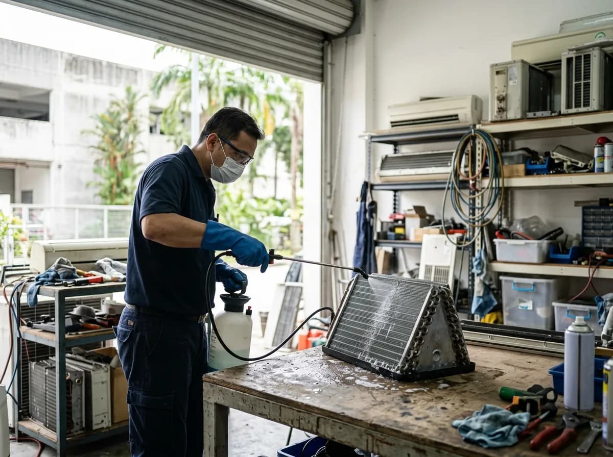 Technician applying chemical solution to AC coil component during cleaning