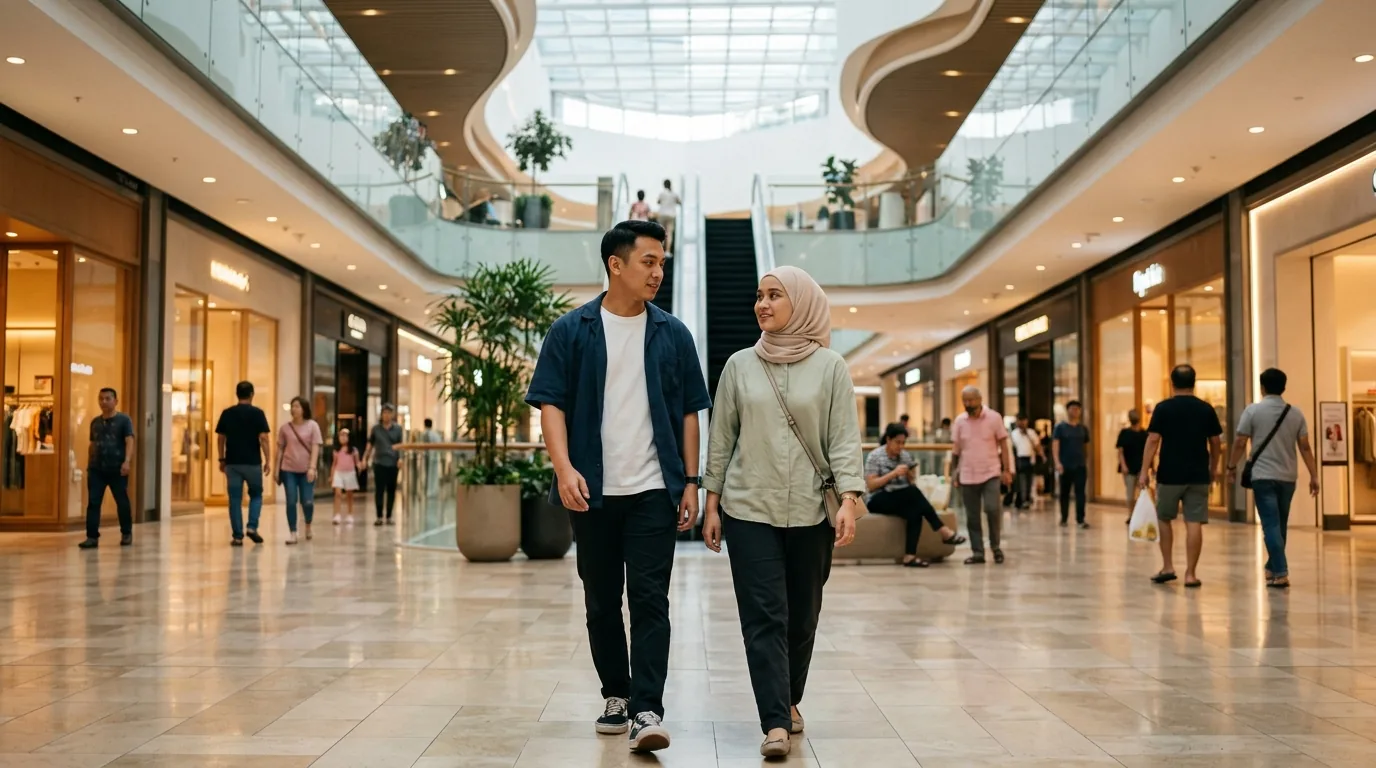 Couple walking through a modern Malaysian shopping mall before a concert date night.