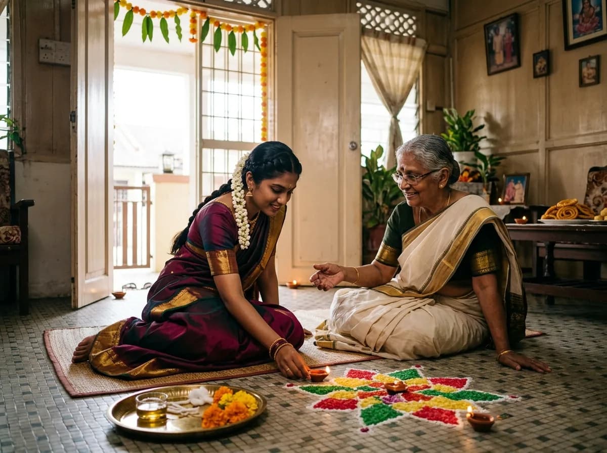 Woman in saree assisting an elderly family member with a Deepavali activity at home.