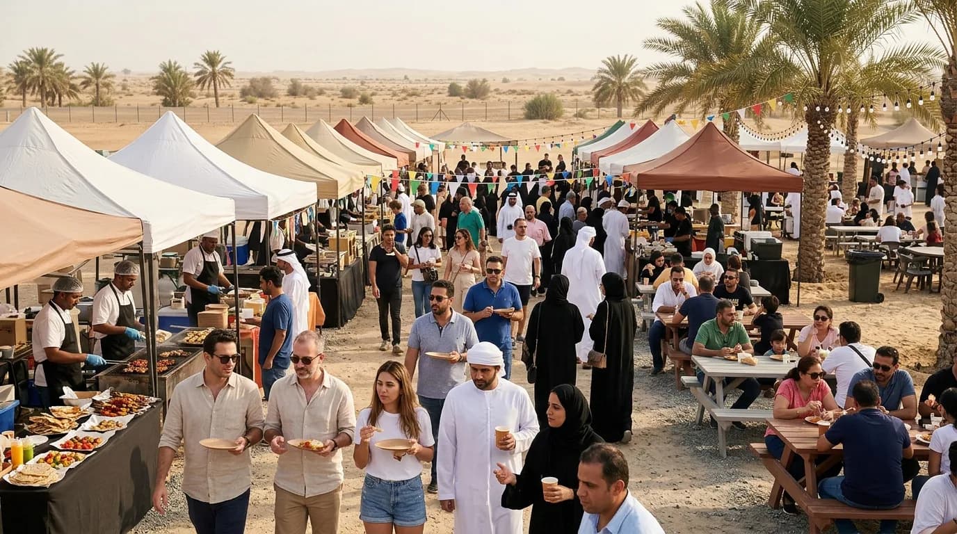 Outdoor food festival in Abu Dhabi with stalls, visitors, and dining tables under sunny skies.