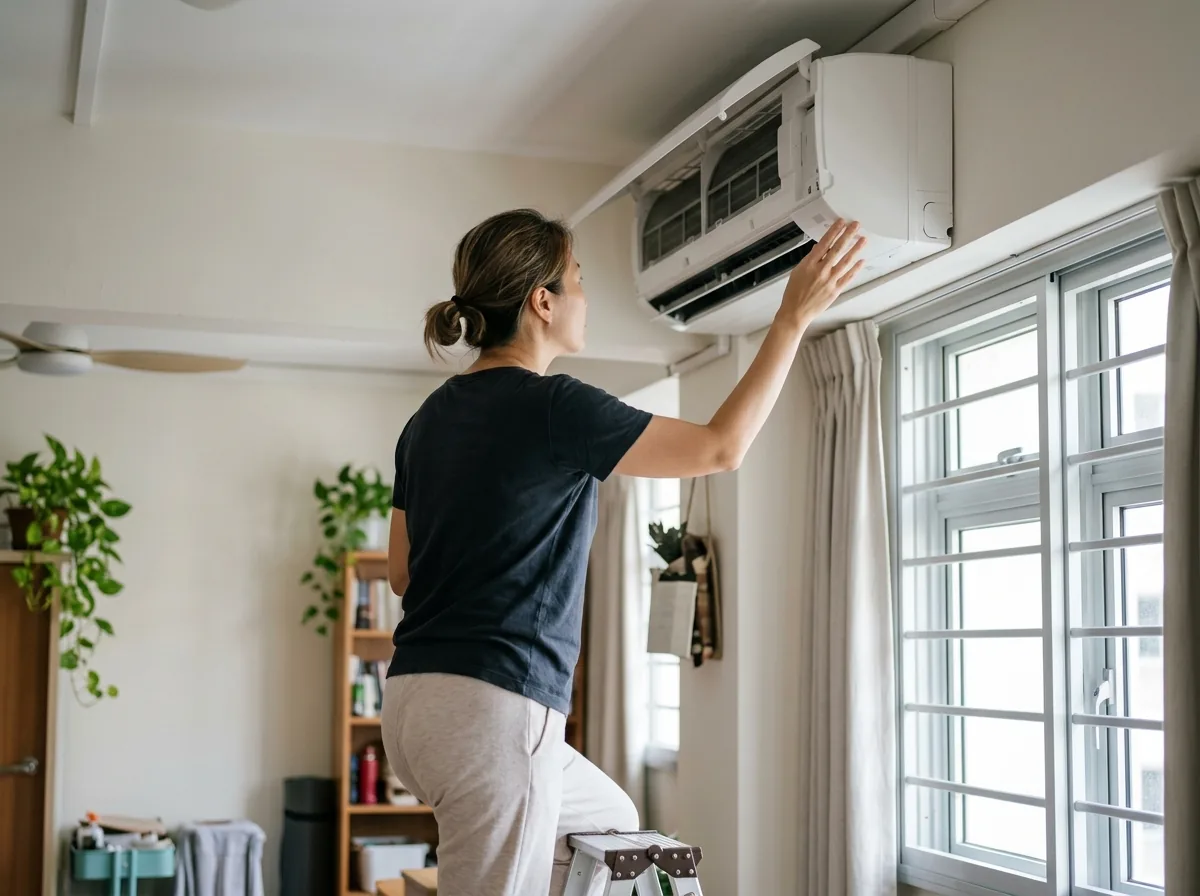 Homeowner checking clean air conditioning unit after chemical wash service.