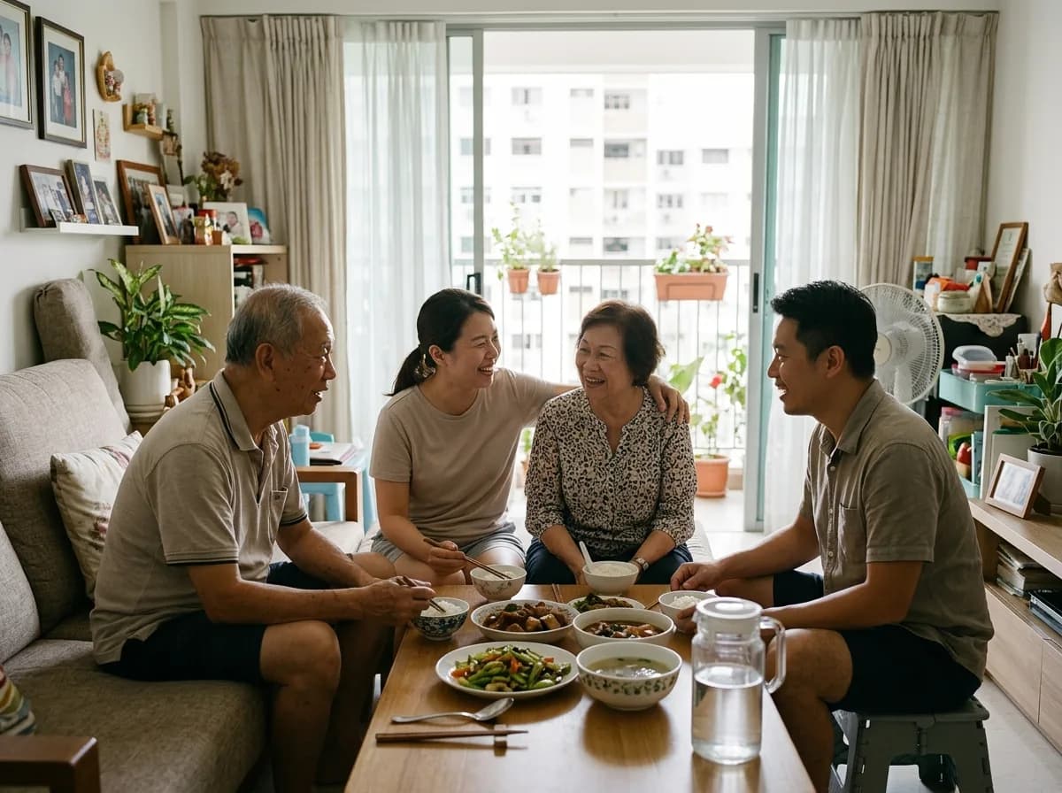 Multi-generational family enjoying time together in a living room.