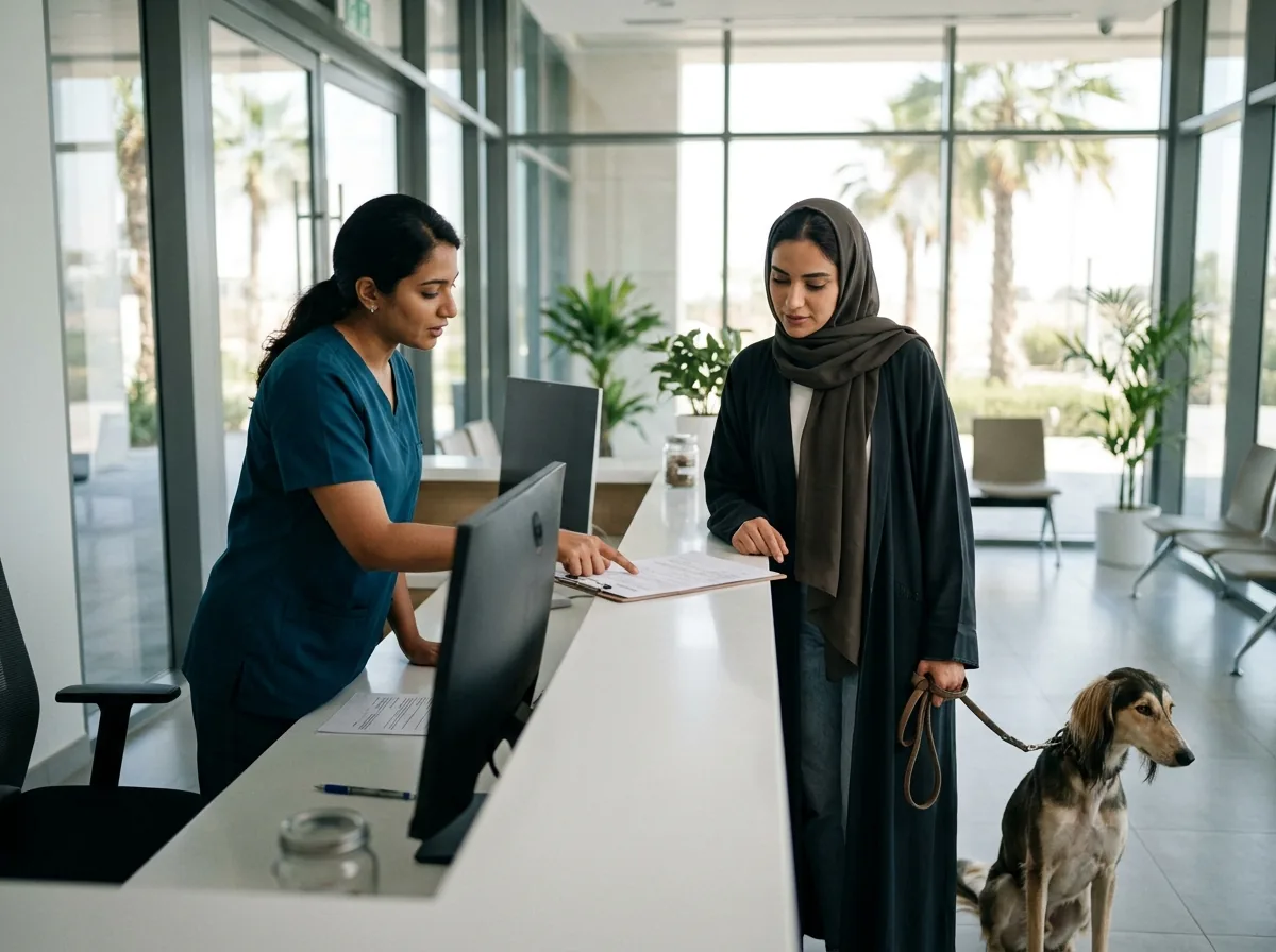Professional reviewing pet documents with an owner at a generic veterinary or pet services counter.