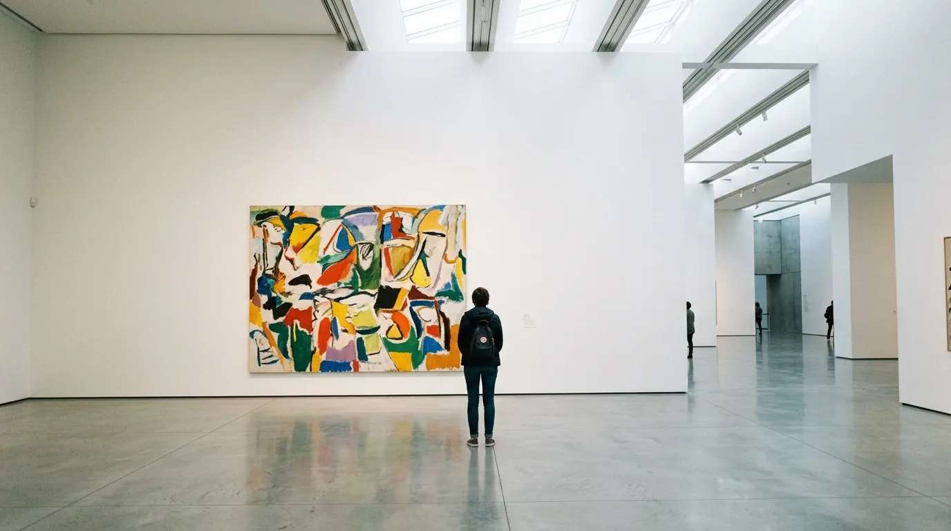 Person viewing contemporary art in a minimalist museum gallery space.