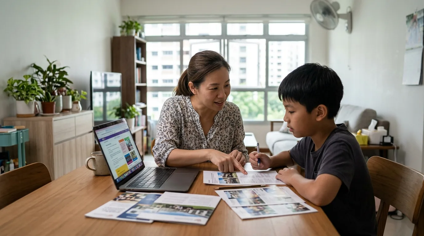 Parent and child reviewing secondary school information together at home.