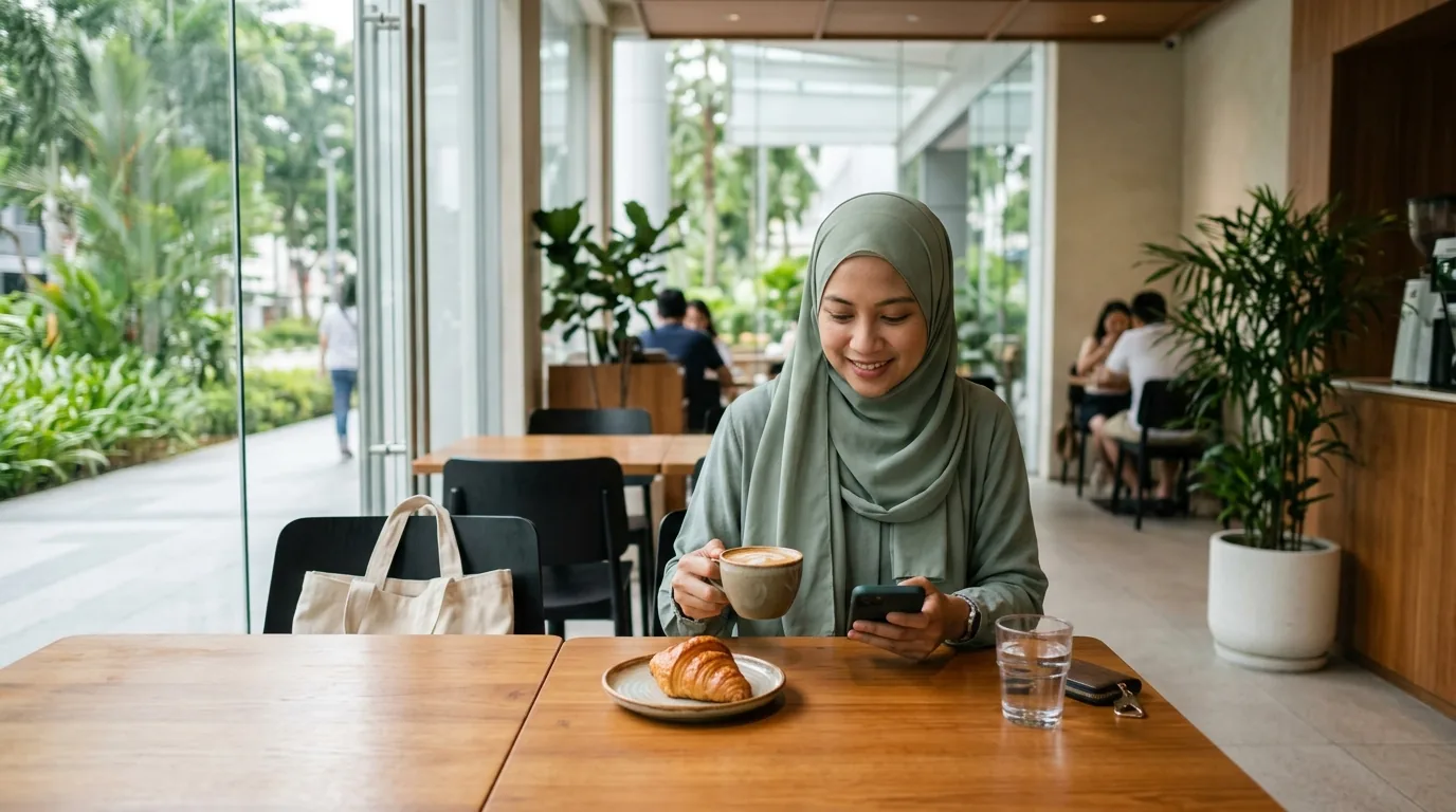 Muslim diner enjoying coffee and pastry at a modern Singapore café