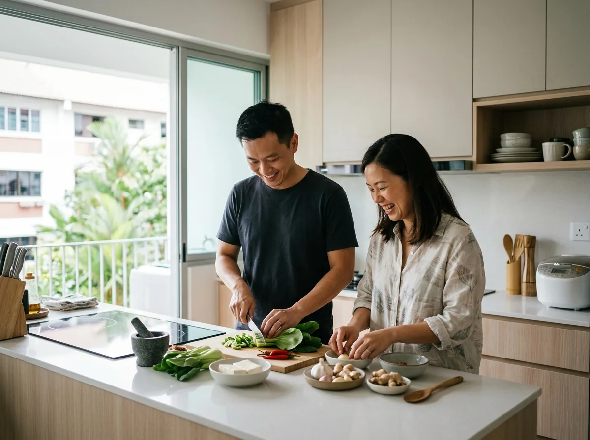 A couple cooking together in a kitchen, chopping fresh vegetables.