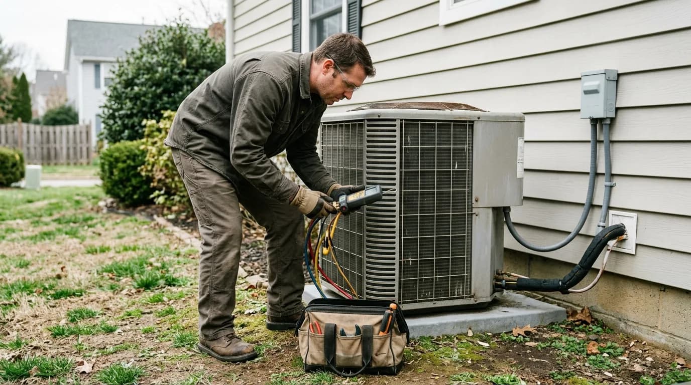 HVAC technician inspecting outdoor AC unit on home exterior wall