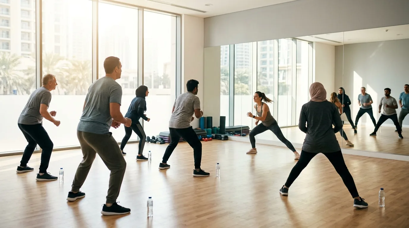 Group fitness class in progress at a modern studio with natural light and mirrored walls.