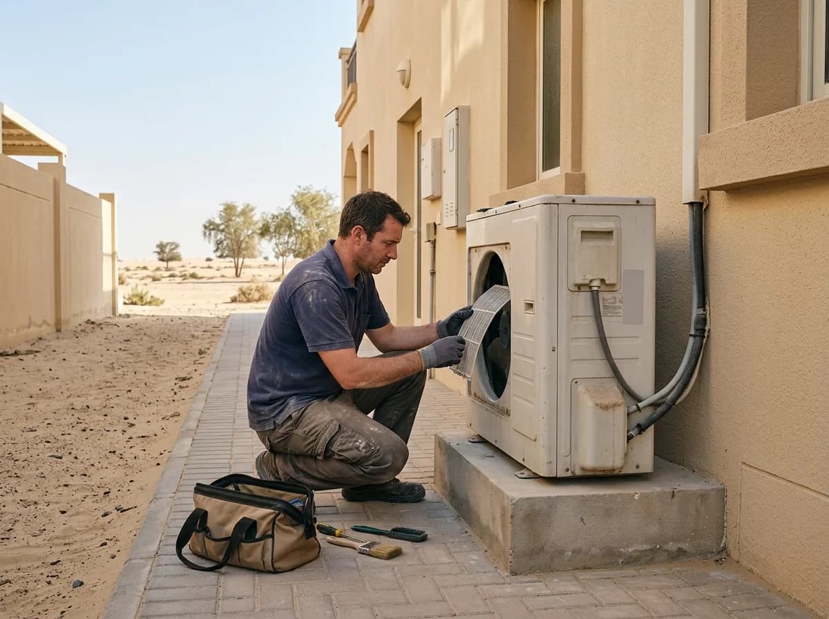Technician performing maintenance on an outdoor air conditioning unit filter