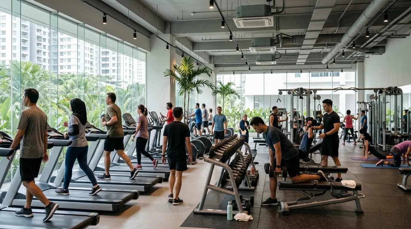 People exercising on various gym equipment in a bright, modern Malaysian fitness studio.