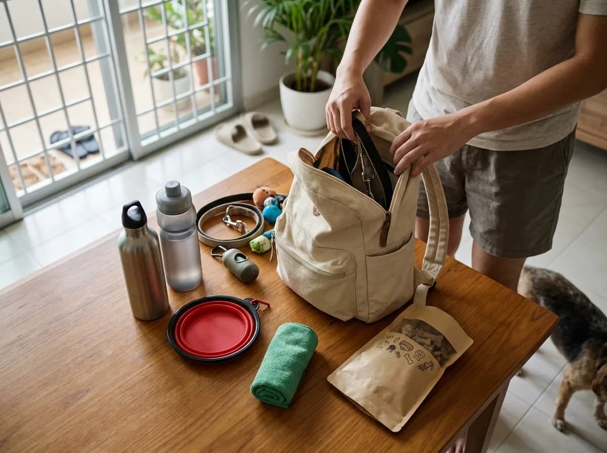 Pet supplies and water bottles being packed into a bag for a day trip with a dog.