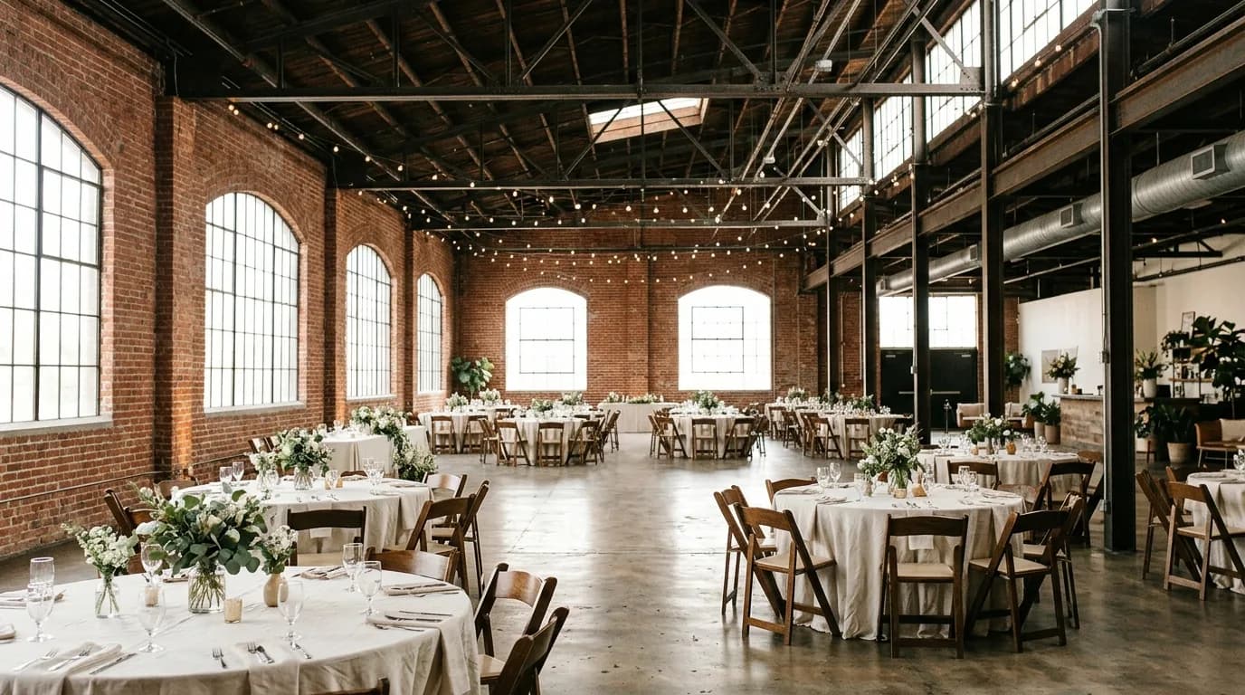 Industrial warehouse wedding venue with exposed brick, steel beams, and formally set round tables.