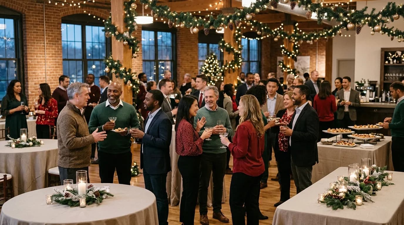 People enjoying a holiday party indoors with festive decorations and food.