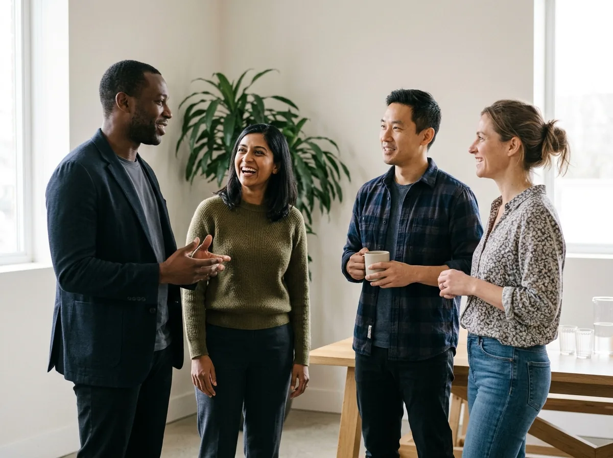 A small group of diverse people standing together indoors for a casual gathering.