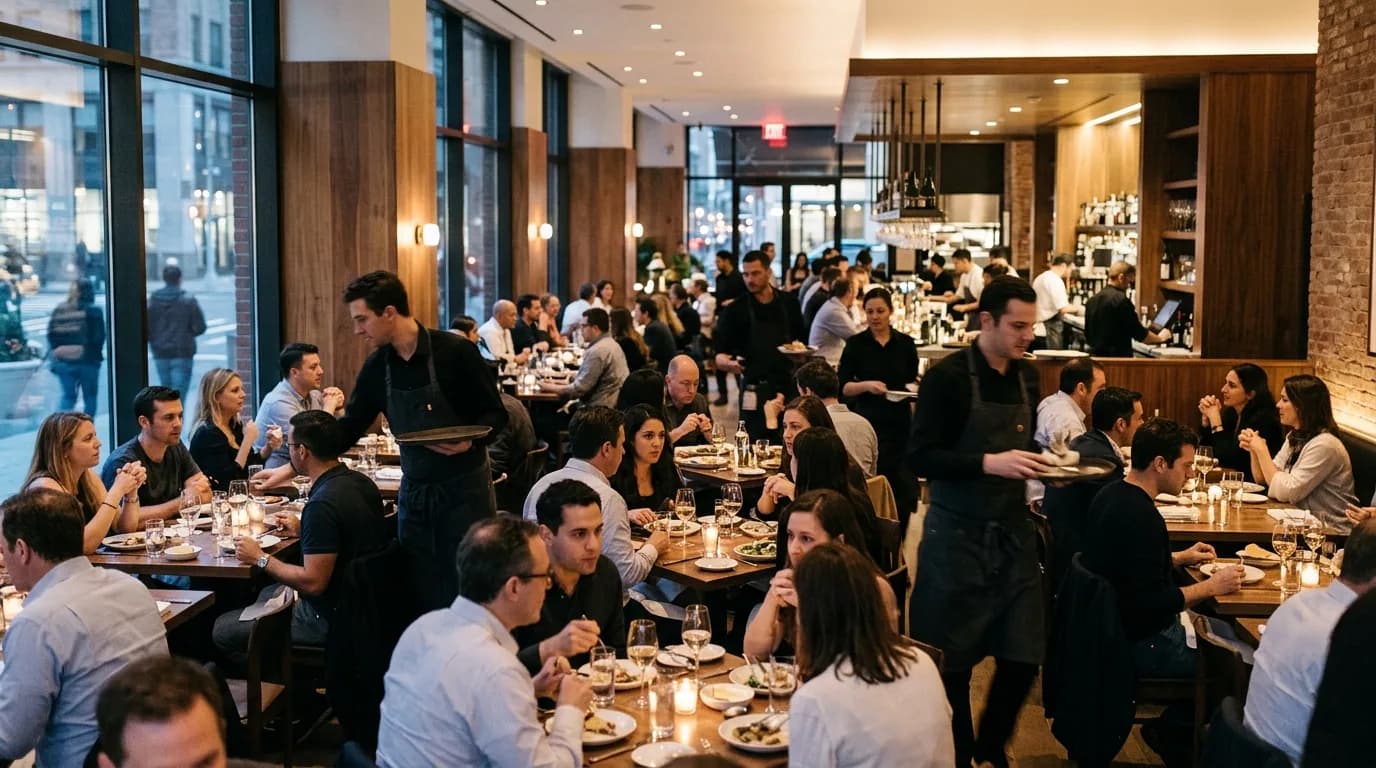 Modern restaurant interior with guests dining at tables and servers attending to customers.