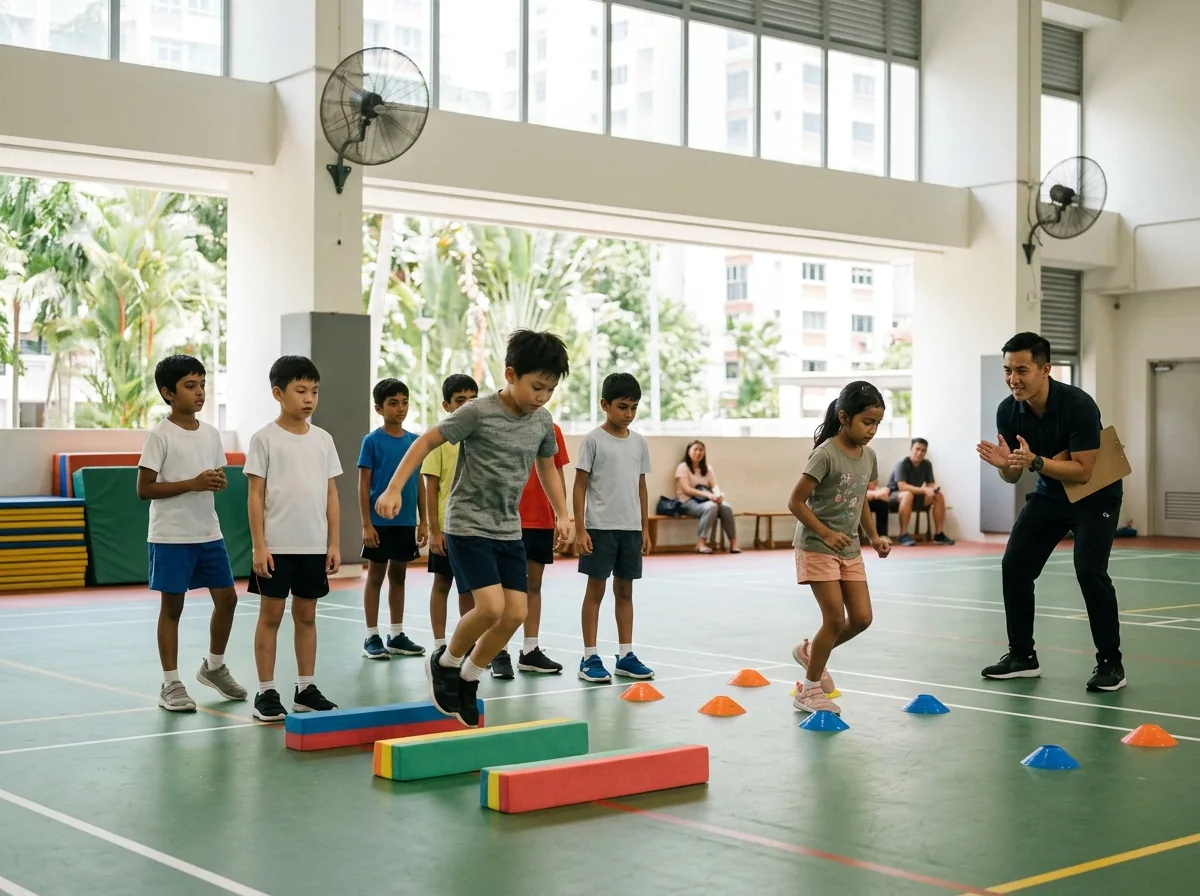 Children participating in a supervised physical activity or sports lesson with an adult instructor.