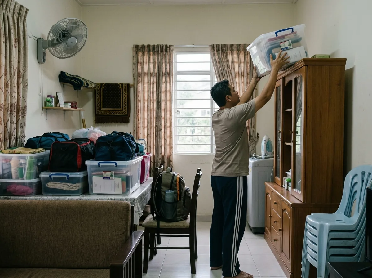 A person packing essentials into a bag while moving items to a shelf in a home interior.