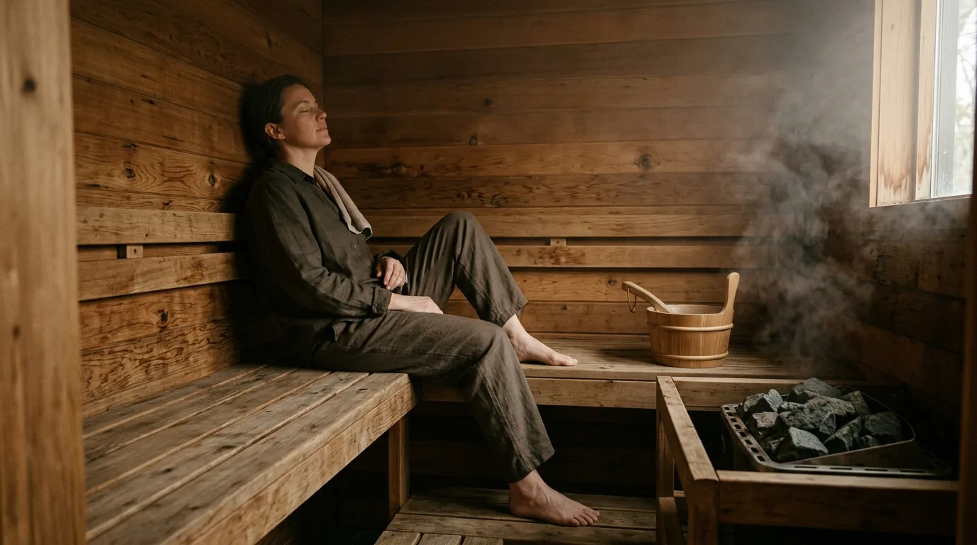 Person sitting in a wooden sauna room with steam visible
