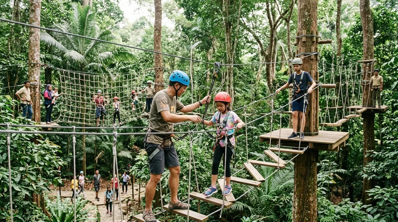 Families exploring an adventure park with rope courses and climbing activities surrounded by lush greenery.