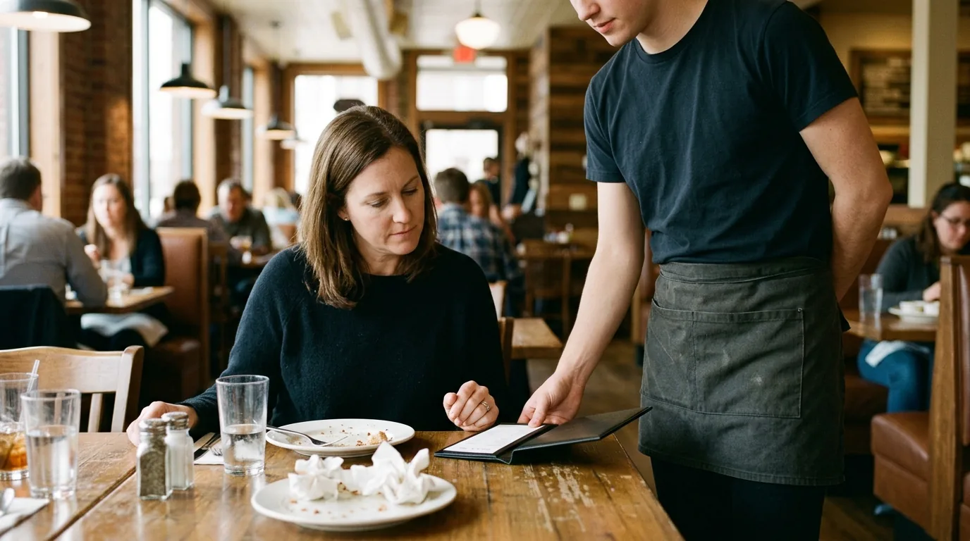 Server handing check to diner at restaurant table to review bill