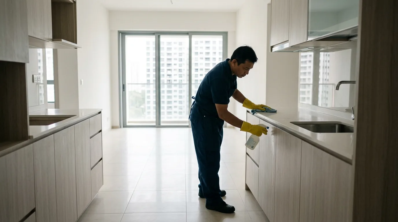 Cleaner spraying and wiping a kitchen cabinet in an empty, sunlit apartment.