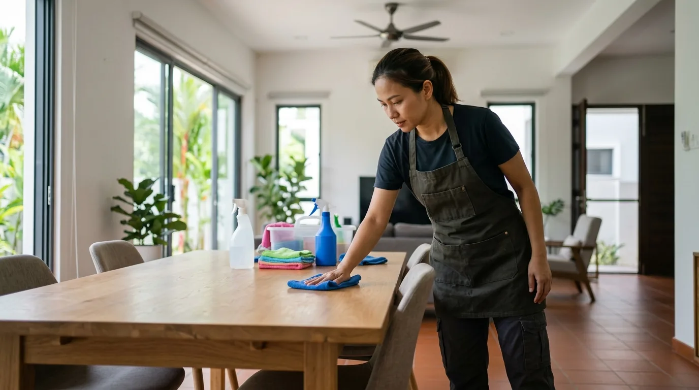 Home cleaner polishing a dining table with cleaning cloth and supplies visible