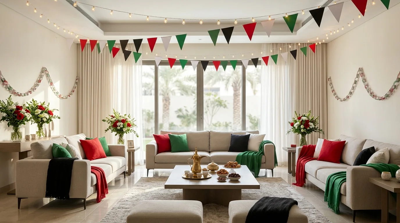 Living room with UAE flags and festive decorations for National Day celebration