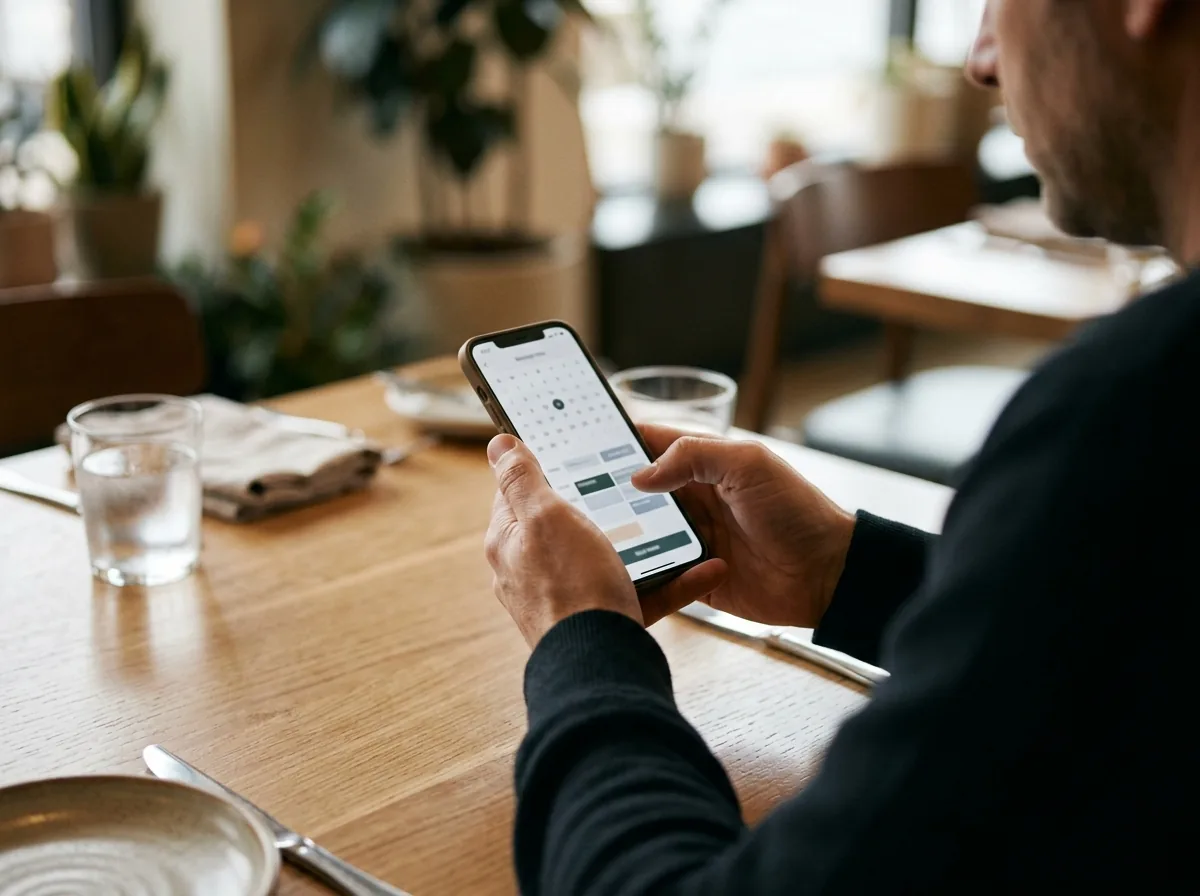 Person looking at smartphone at a dining table, checking restaurant information.