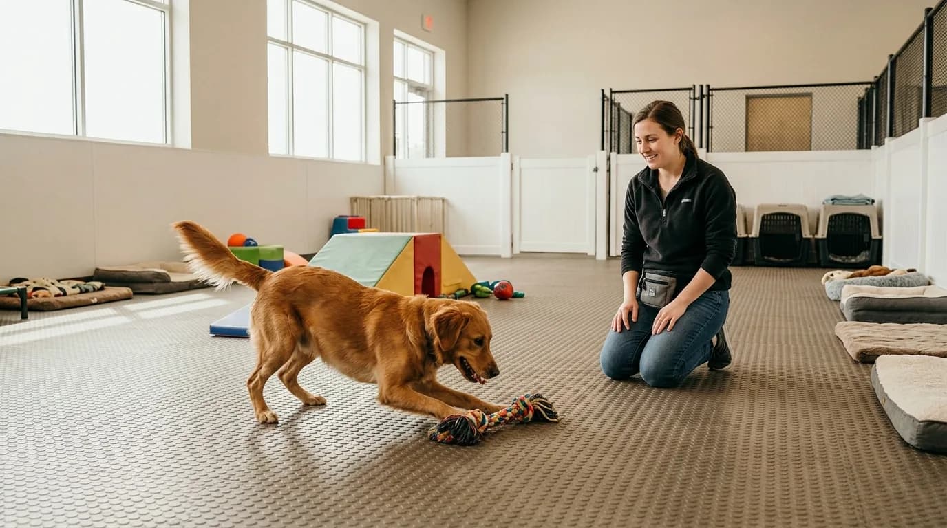 Dog playing indoors at a boarding facility with caregiver present