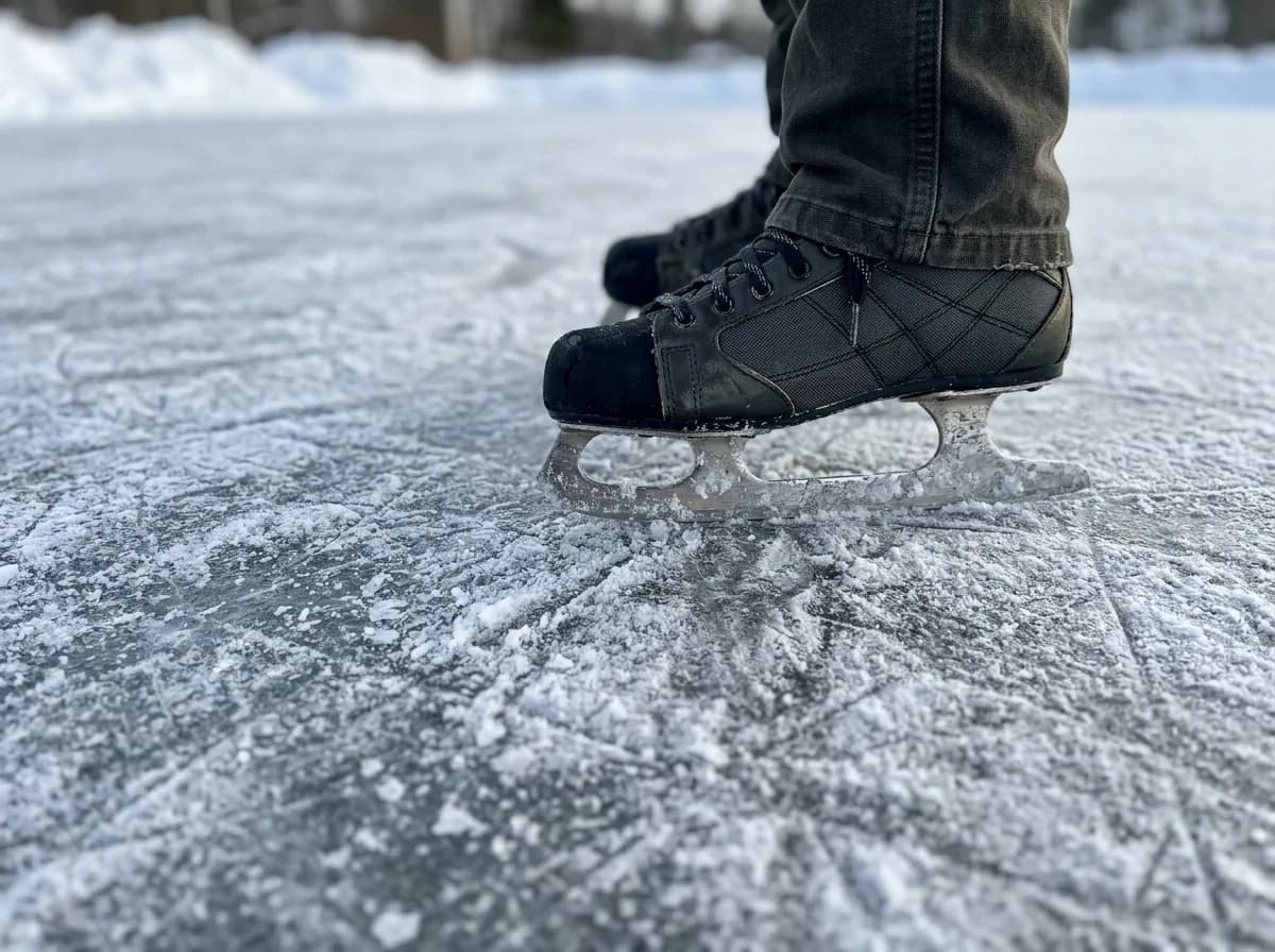 Ice skate blades on a frozen rink surface during daytime.