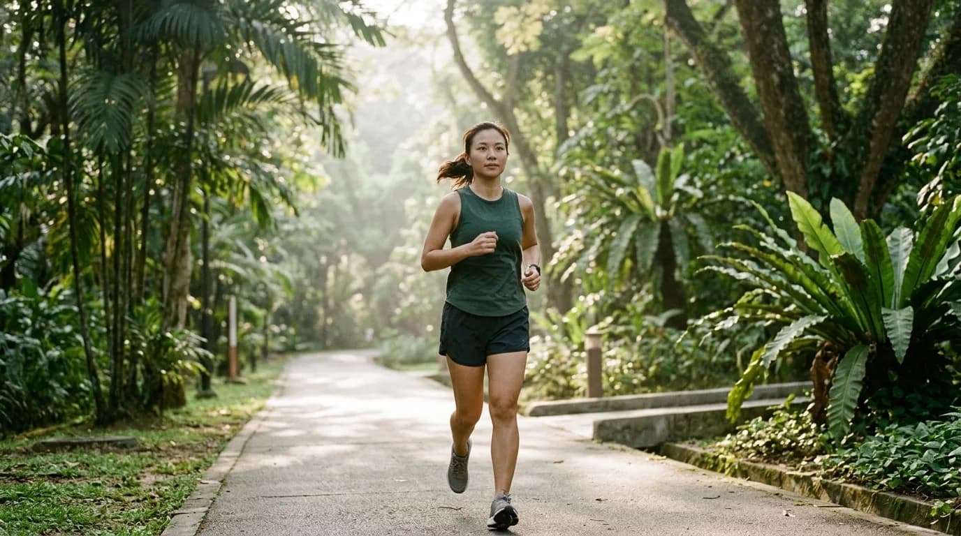 Runner jogging on a shaded Malaysian path during early morning training.