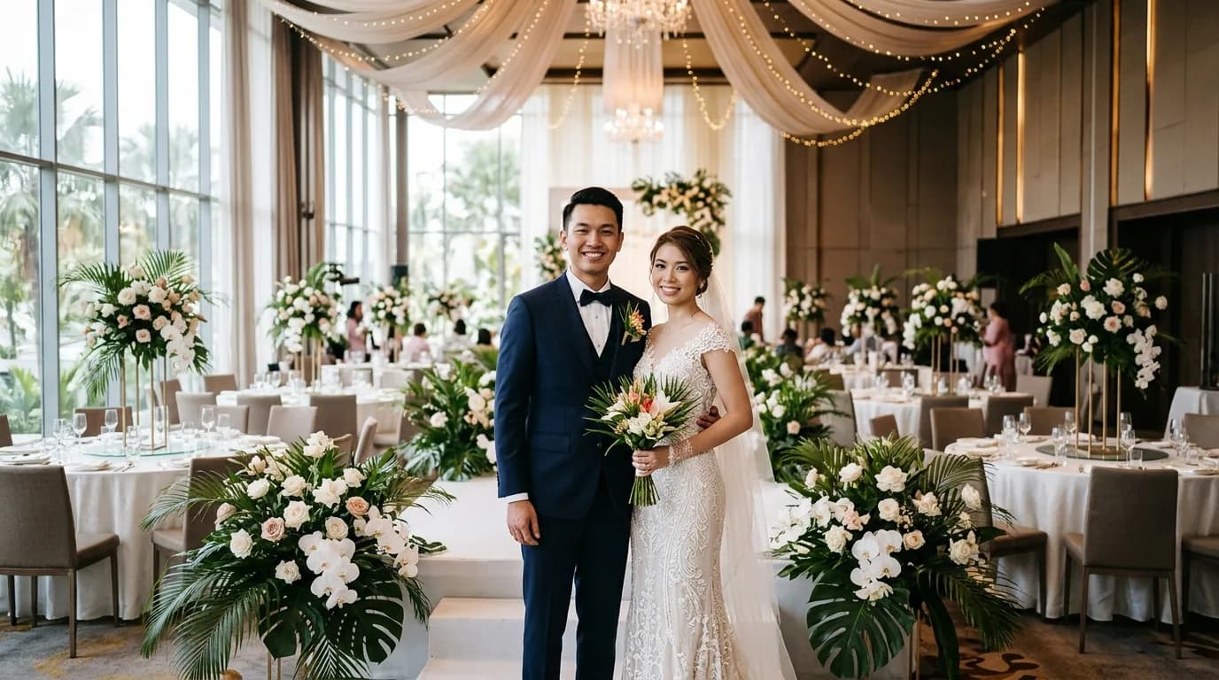 Bride and groom at an elegant JB wedding venue with floral decorations.