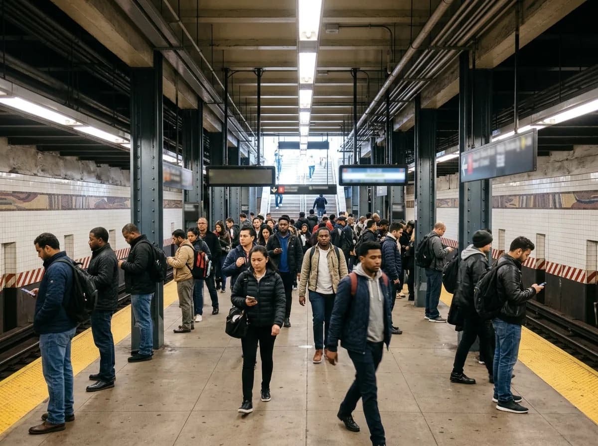 Passengers crowd a subway platform waiting to board a train.