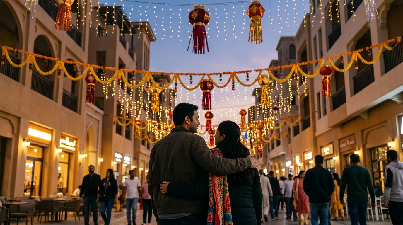 Couple admiring Diwali decorations with lights and marigolds in a Dubai street at twilight.