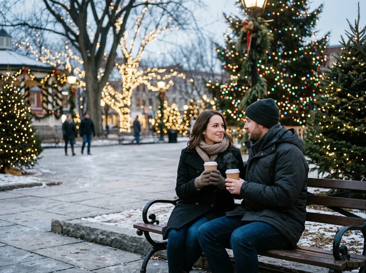 Couple sitting on a bench with holiday lights, holding warm drinks and talking.