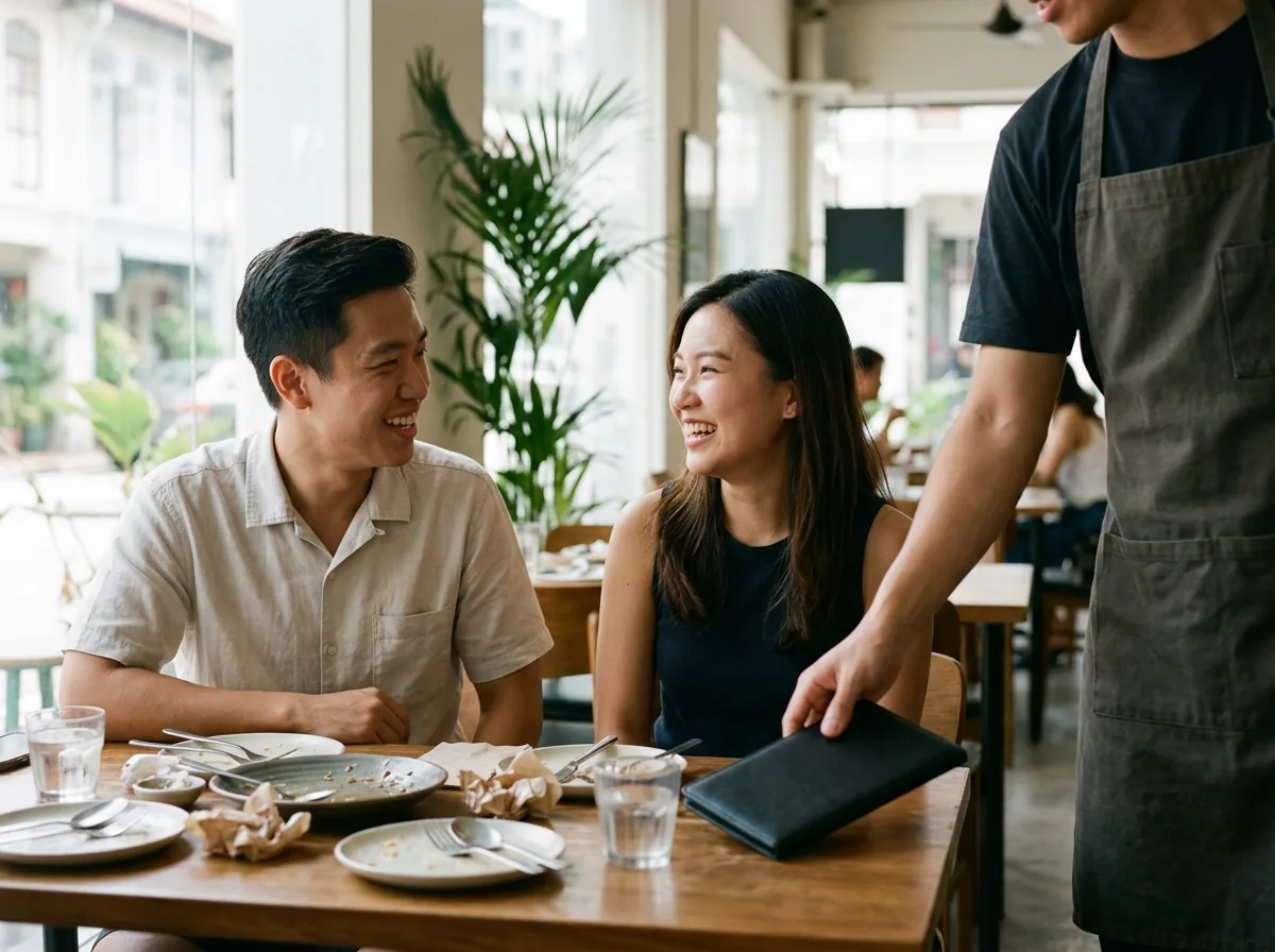 A server presenting the bill during a meal service at a restaurant table.
