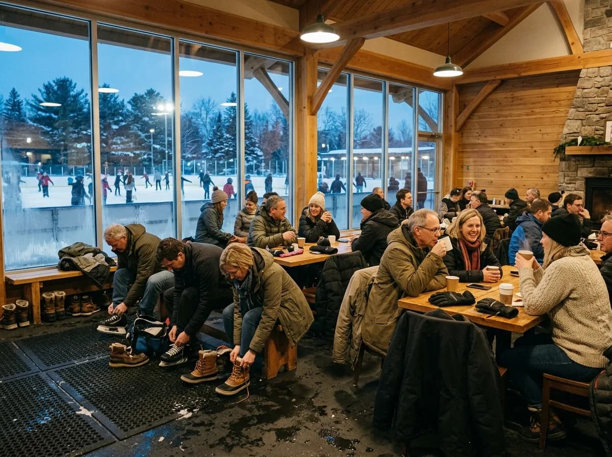 People warming up indoors with hot drinks after ice skating, sitting by large windows.