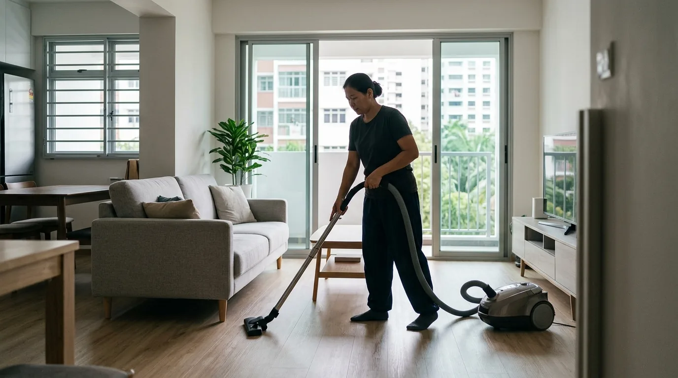 A cleaner vacuuming a bright living room with contemporary furniture and natural light.