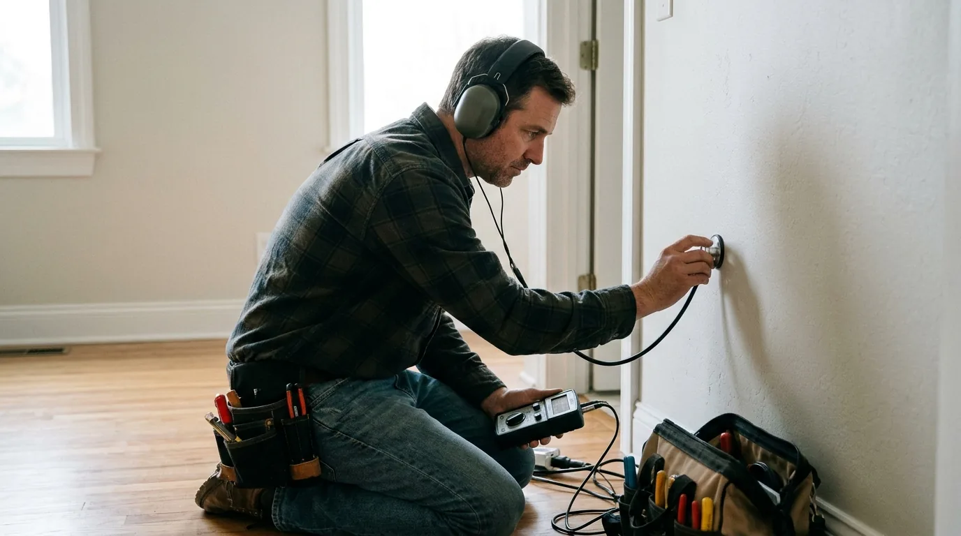 Plumber with stethoscope-like listening device pressed against interior wall to detect hidden water leaks.