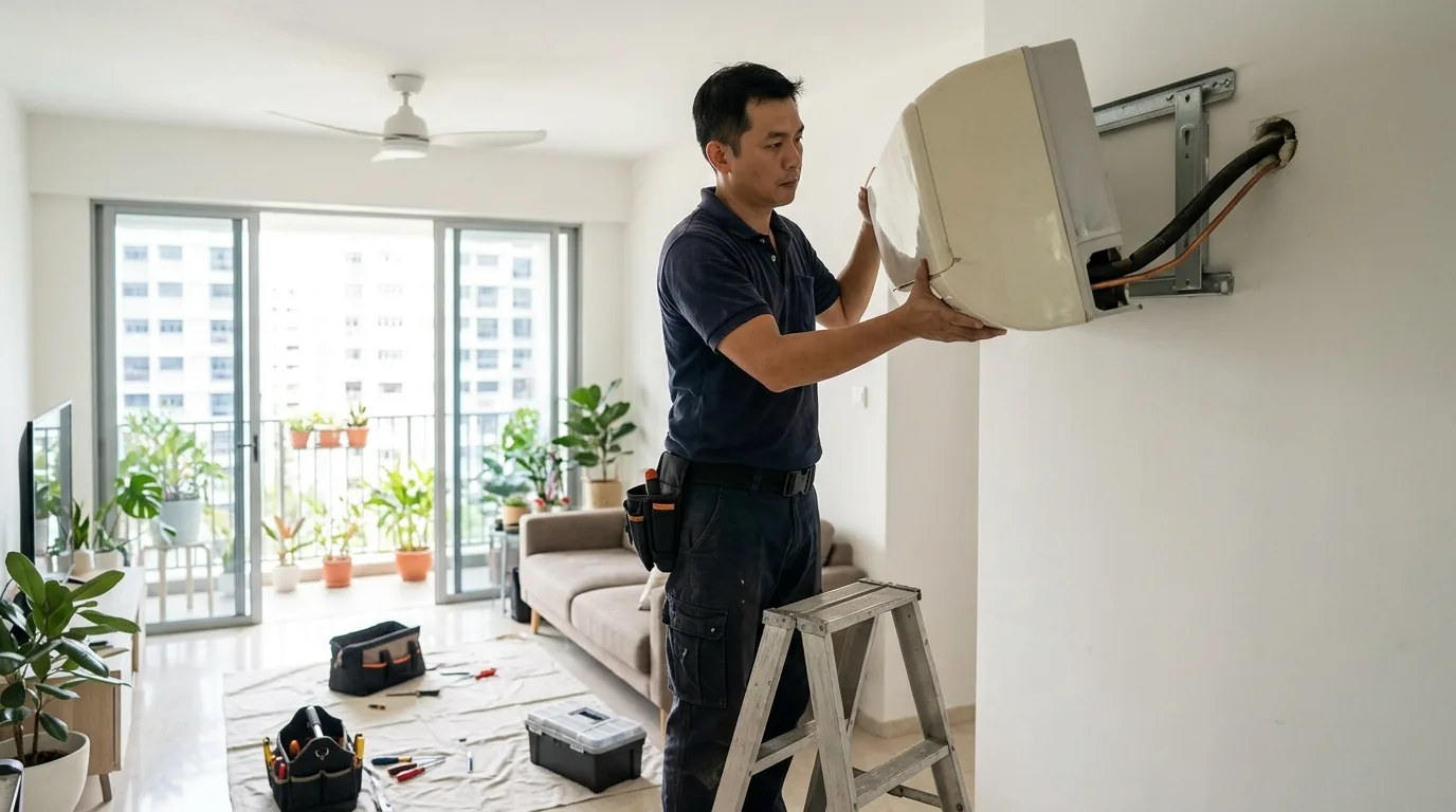 Technician dismantling indoor AC unit from wall for chemical overhaul